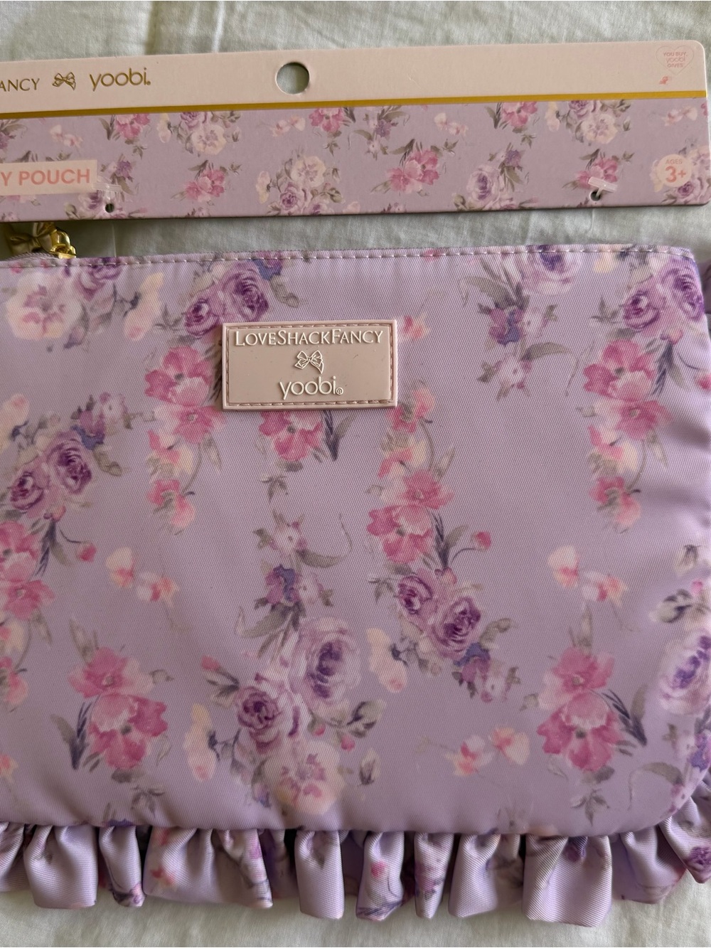 LoveShackFancy Lavender Floral Cosmetic Pouch with Ruffle Trim